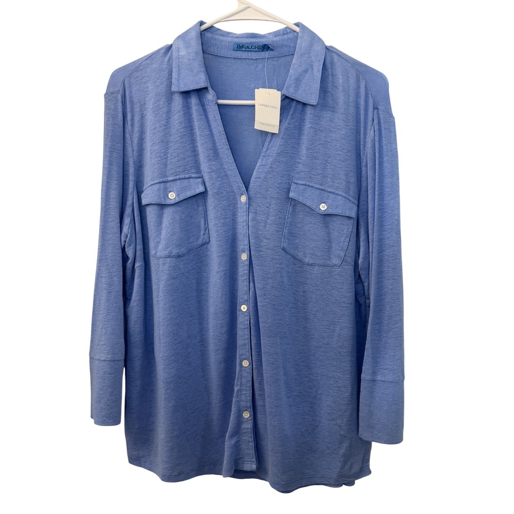 J. McLaughlin Brynn Top Womens XL Blue Linen Blend Knit Button Front Shirt NWT - Picture 1 of 7